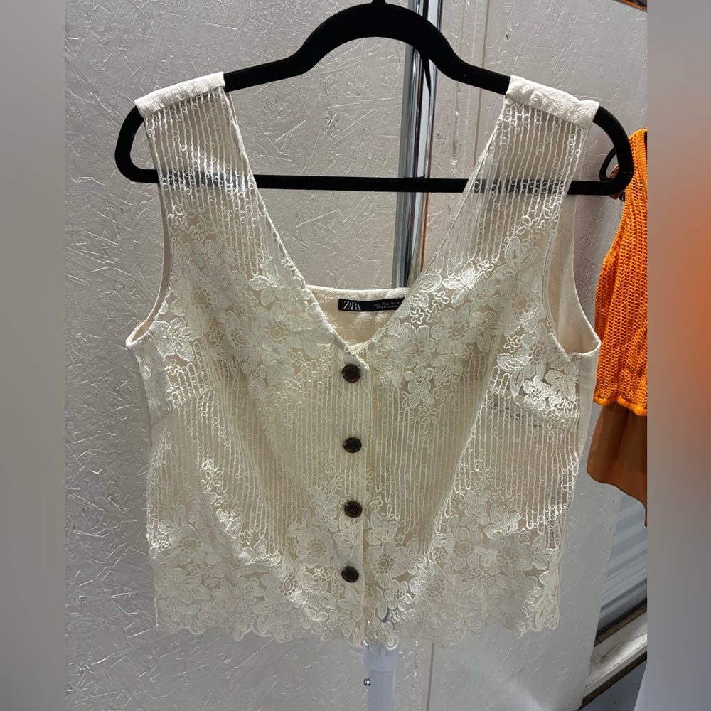 Zara Cream Lace Button-Front Vest